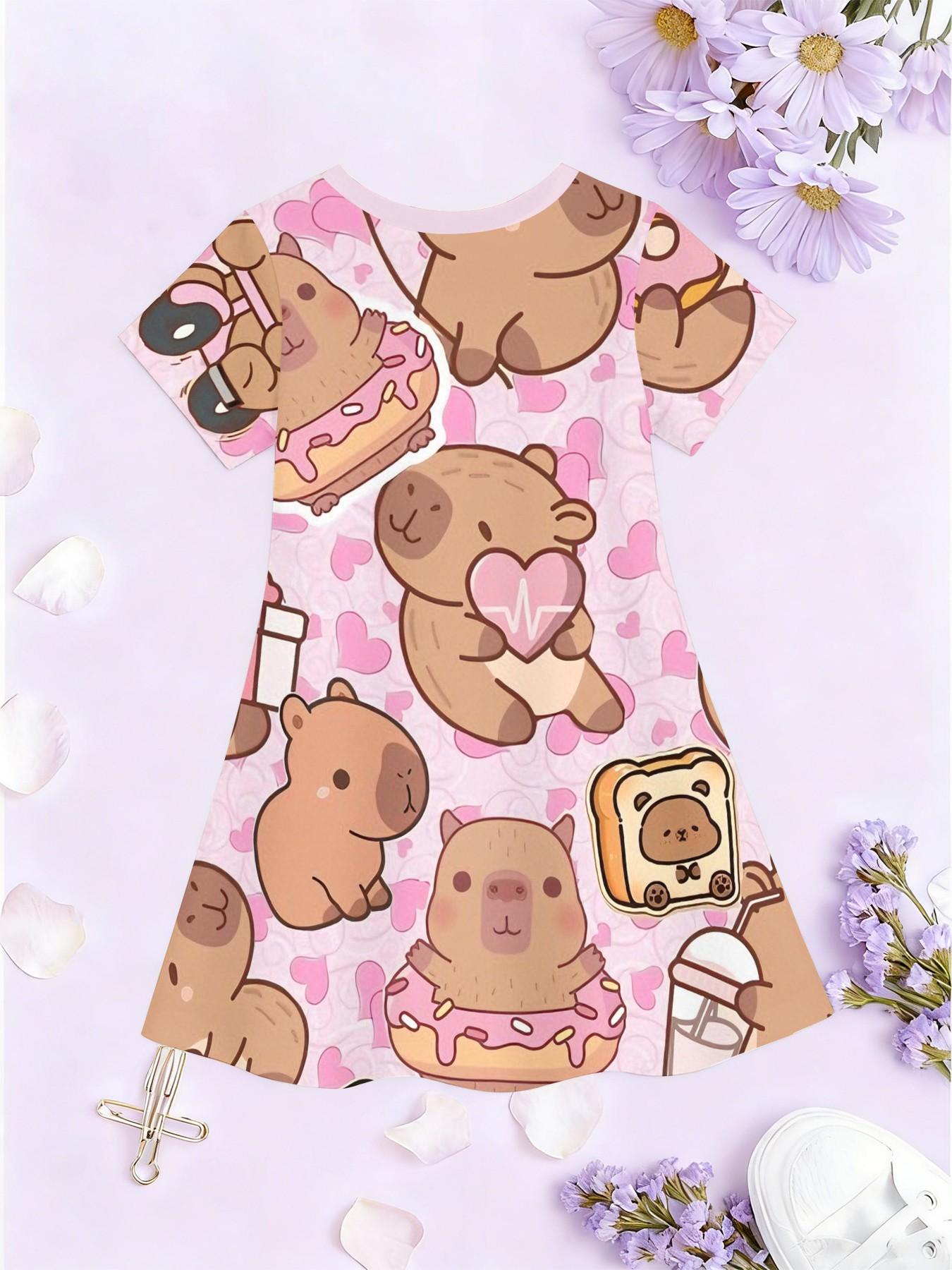 Trendy Girls' Watermelon Food Full Print A-Line Dress, Cute Cartoon Short Sleeve Skirt, Fashion Outdoor Wear, Birthday Gift, Holiday Gift