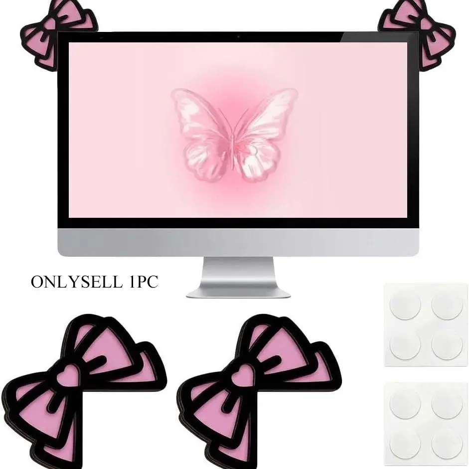 2 Pcs 3D Wood Bow Computer Monitor Decor, Cute Coquettish Mini PC Decorations, Laptop Office Decoration Gift for Women Decorative, Creative Desktop Decoration