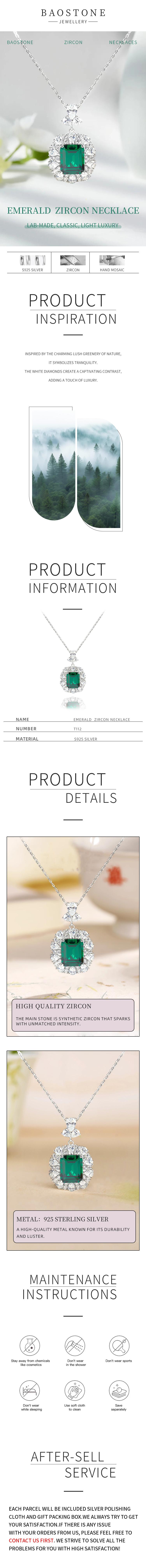 BAOSTONE Lab Created Artificial Gemstone 925 Silver Synthetic Emerald Necklace#T112