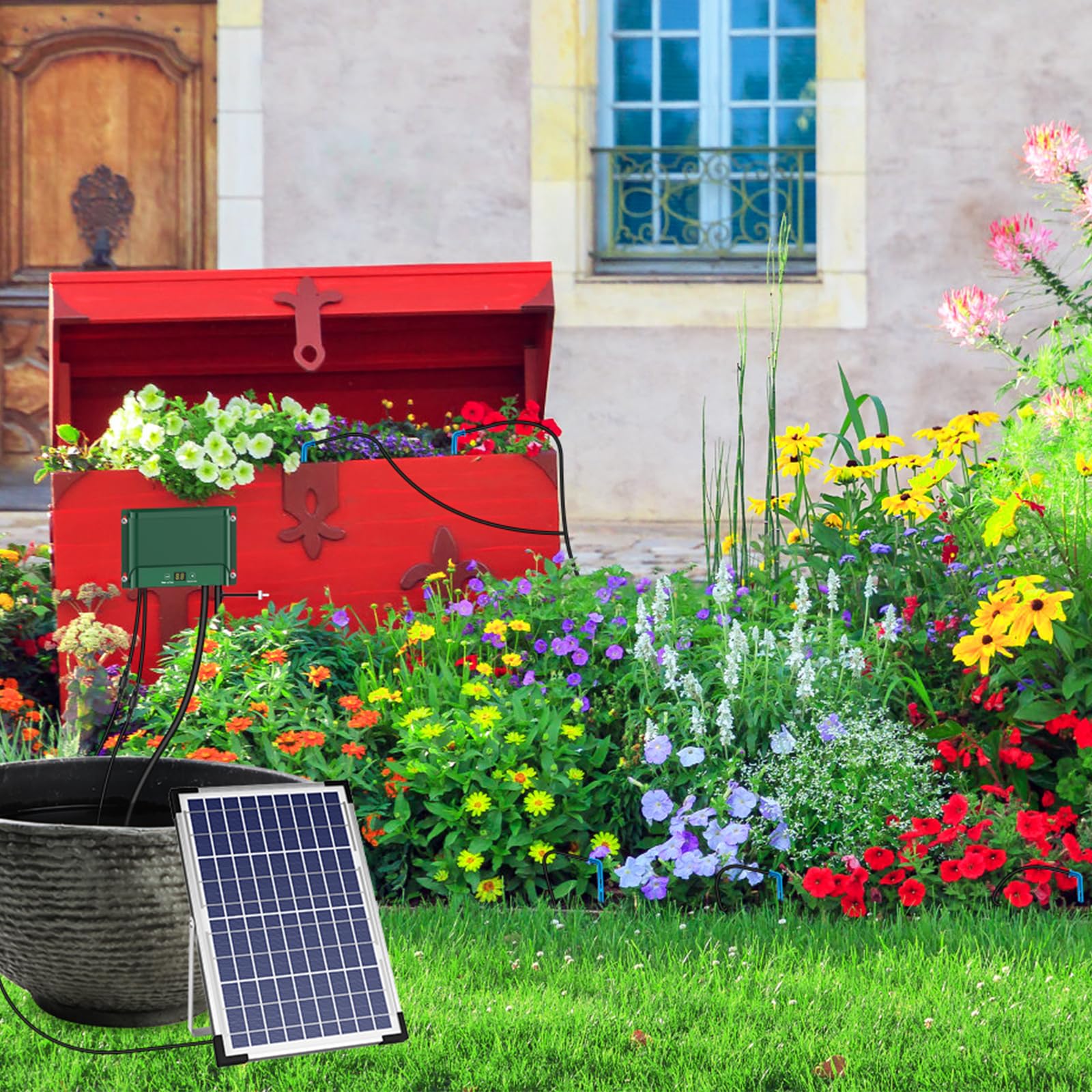 AnseTo Solar Irrigation System 10W Watering for Garden Plant Greenhouse,2026 Latest Model Drip Kit DIY Automatic with 30 Drippers/Auto Alarm Mode