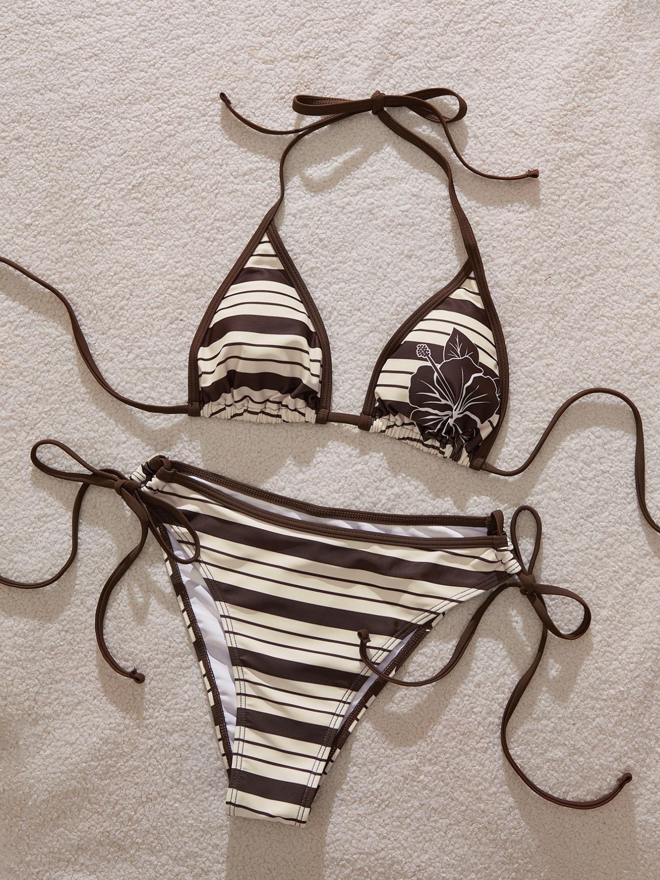 Women's Swimsuit bikini,retro stripe cute Hibiscus floral   vintage print beachwear swimsuit pants /Going Out Outfits/Birthday Outfit/Casual/Y2k/2000s/Y2k Clothes /Classy/Old Money/Streetwear/Vacation Outfits/