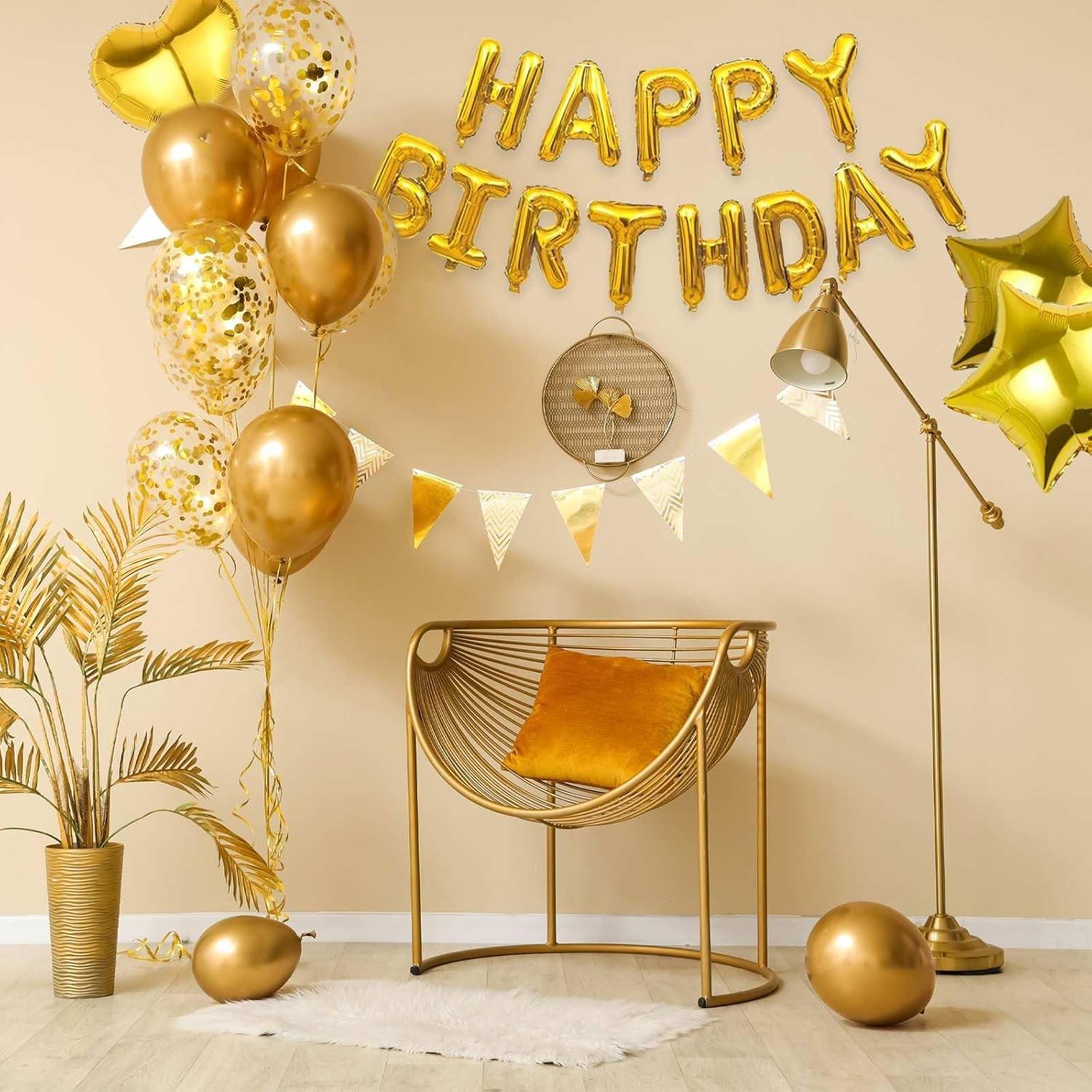 29 Pcs Gold Birthday Decorations, 3D Foil Gold Happy Birthday Balloon Banner, Pentagram Heart Foil Balloons Confetti Balloons Kit For Boys Girls Birthday Party Supplies