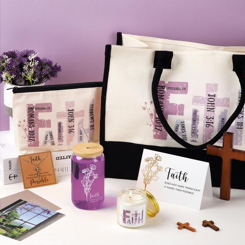 Christian Gifts for Women Faith Gifts Religious Gifts with Tote Bag Makeup Bag Candle Cross Necklace Cup Greeting Card for Birthday Church Study Supplies, Gift for Christian Women Girl Mom Wife, Elegant Easter Gift for Sunday Prayer