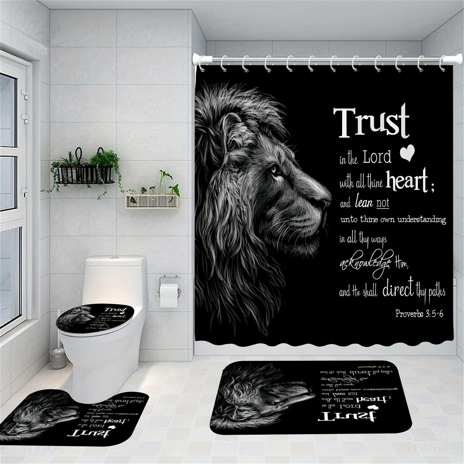 4pcs Lion of Judah Bible Verse Shower Curtain Set with Non-Slip Bath Rug, U-Shaped Toilet Mat & Lid Cover - High Quality Christian Faith Bathroom Decor, Hebrews 13:5 Psalm 23:1 Inspired Lion Print Accessories Kit, Shower Curtain For Bathroo