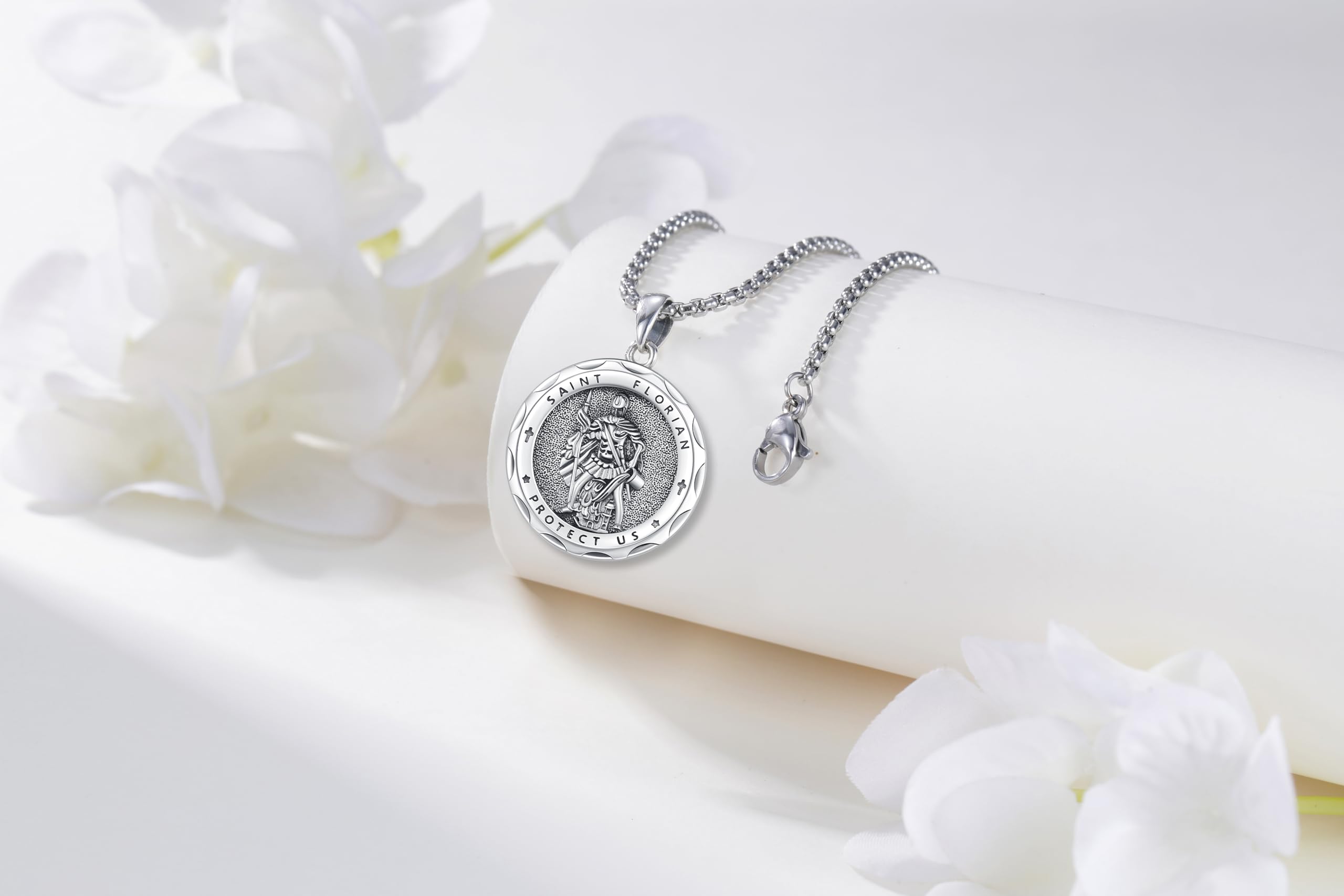 Thanches Saint Florian Necklace 925 Sterling Silver Medal Cross Religious Pendant Amulet for Men Women Accessory Firefighter Protection Jewelry Gift