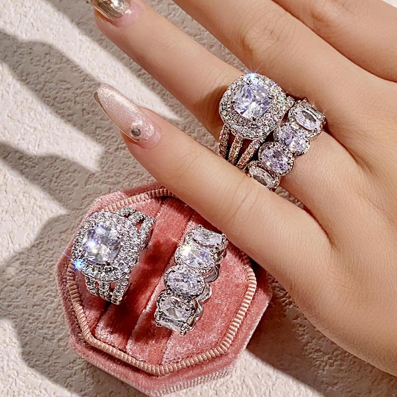 Luxury Emerald Ring Set | Square Geometric Oval Full Eternity Band | High-End Fashion Jewelry