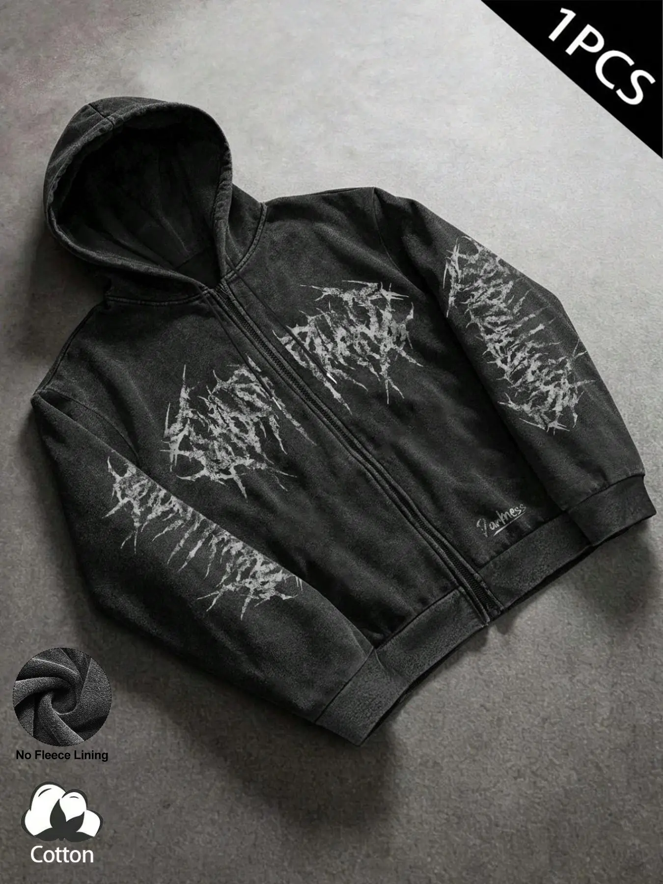 Washed Black Zipper Hoodie, Y2K Grunge/opioid Style Cotton Print Jacket, Unisex High Street Fashion, Casual All-Season Wear