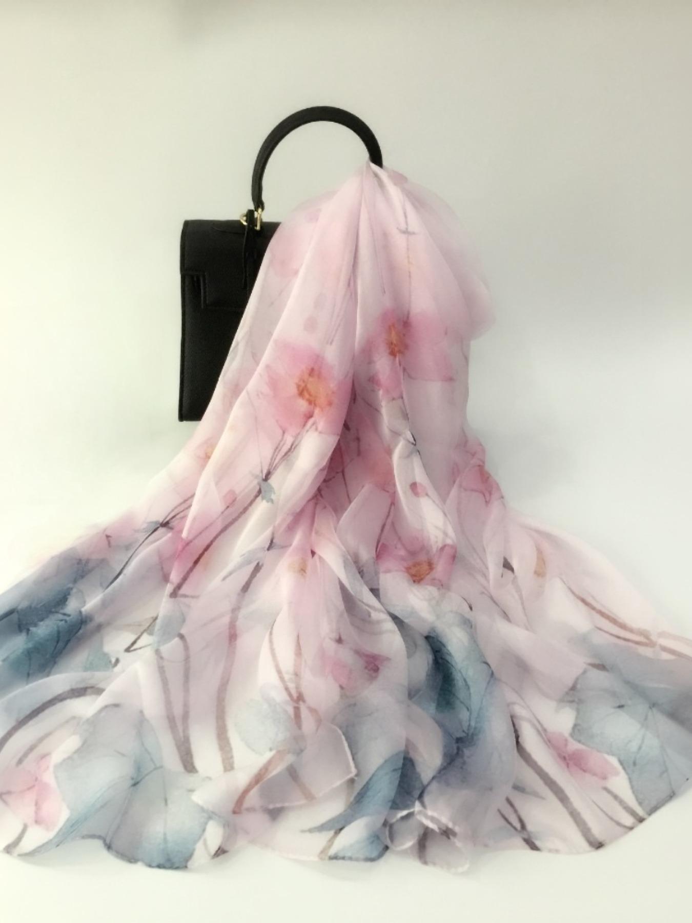 175cm*110cm Printed Silk Shawl for Women, High-End Silk Scarf, Lotus Pattern, 100% Mulberry Silk, Soft and Breathable, Ideal Gift