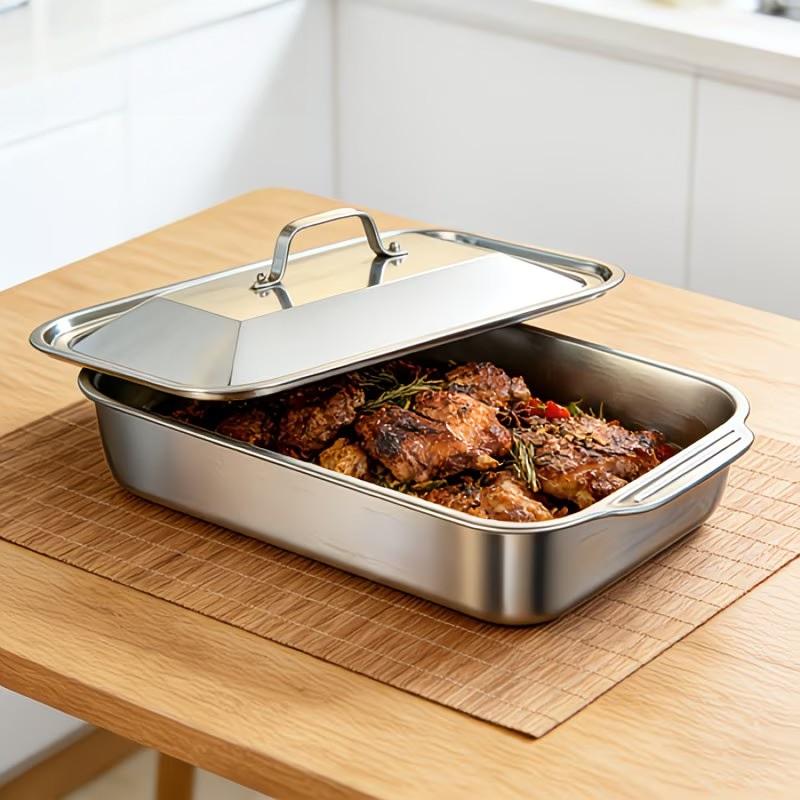 1 piece Thickened Stainless Steel Fish Baking Pan, Rectangular Non-Stick Oven Tray with Lid & Double Handles, Heat Resistant Kitchen Bakeware for Festival Seafood, Desserts, Bread, Home Restaurant Use
