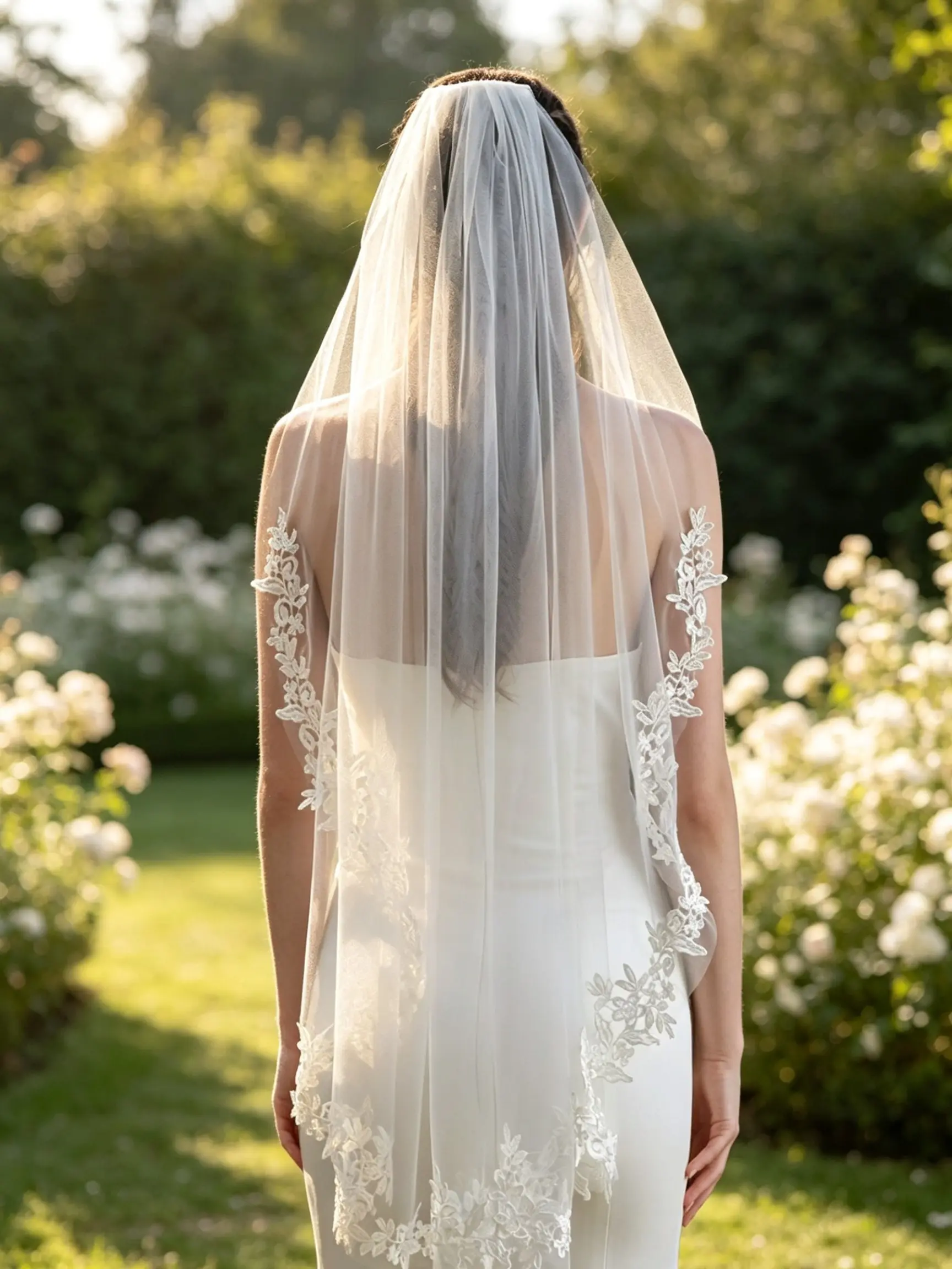 Elegant mid-length bridal veil featuring soft tulle and delicate floral lace trim—a French-inspired, affordable luxury accessory perfect for weddings and bridal photography. Wedding veils for brides The wedding veil
