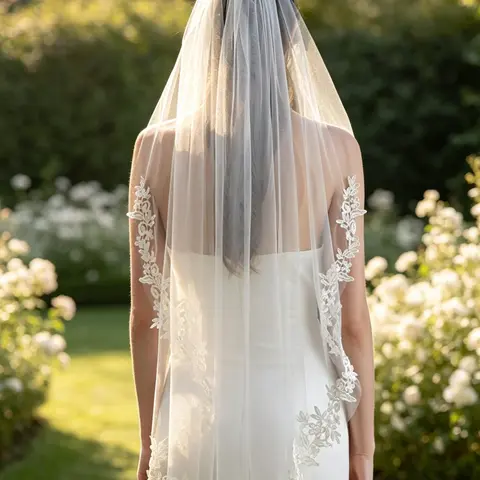 Elegant mid-length bridal veil featuring soft tulle and delicate floral lace trim—a French-inspired, affordable luxury accessory perfect for weddings and bridal photography. Wedding veils for brides The wedding veil