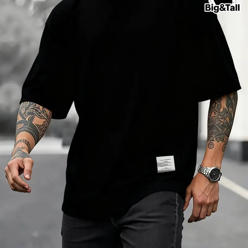 Men's Plus Size Summer Badge Totem Heavy Cotton Loose Fit T-Shirt, High Street Trendy Round Neck Short Sleeve Top, Casual Streetwear Gift