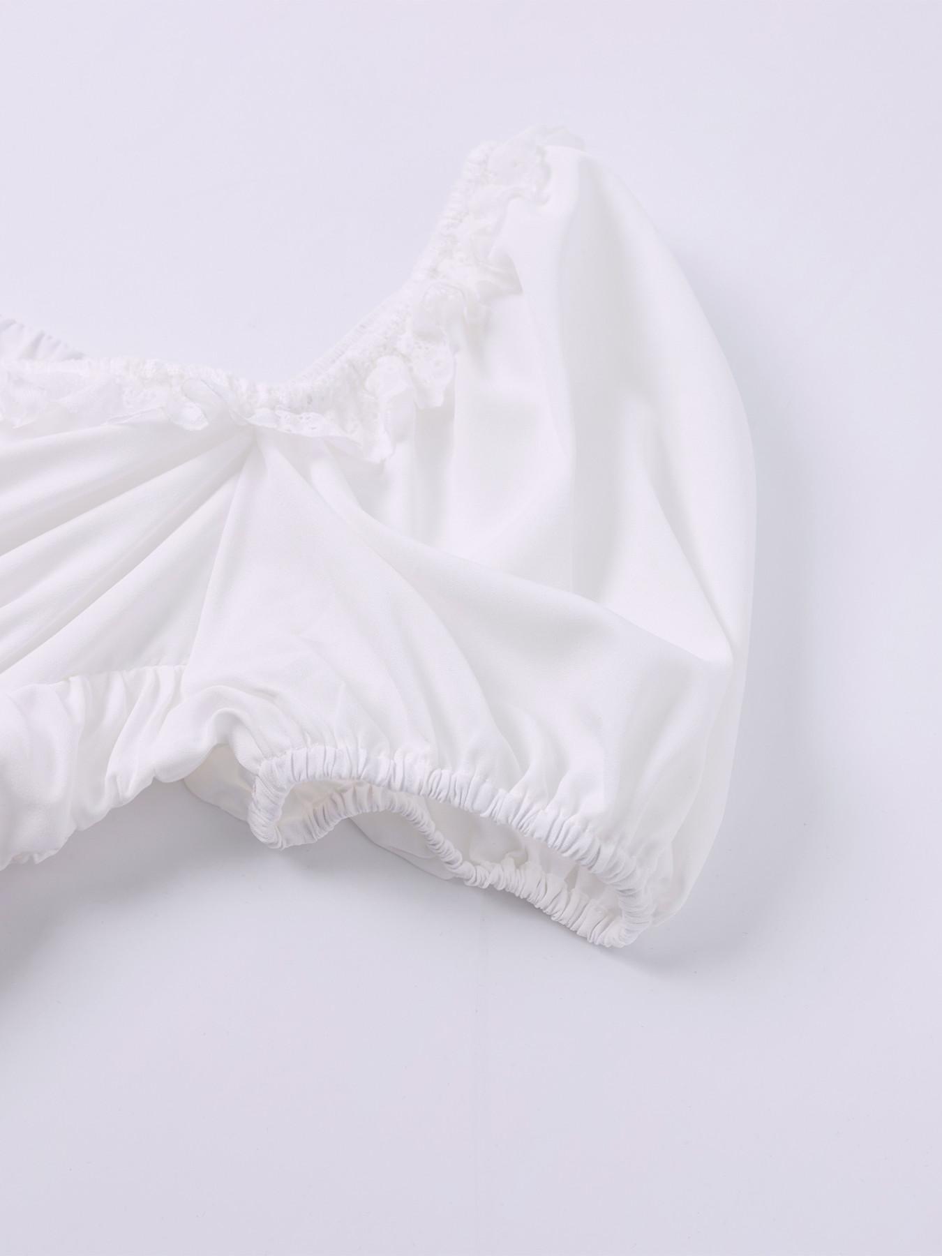 Square Neck Backless Cross Strap Ruched Fishbone Bubble Sleeve Dress, Casual Comfortable Fashion Long Dress for Daily Wear