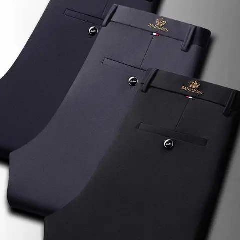 3-Pack Men's Loose Straight Leg Elastic Formal Pants, Casual Business Wear, All Seasons, High Waist, Ankle Length, Button Fly
