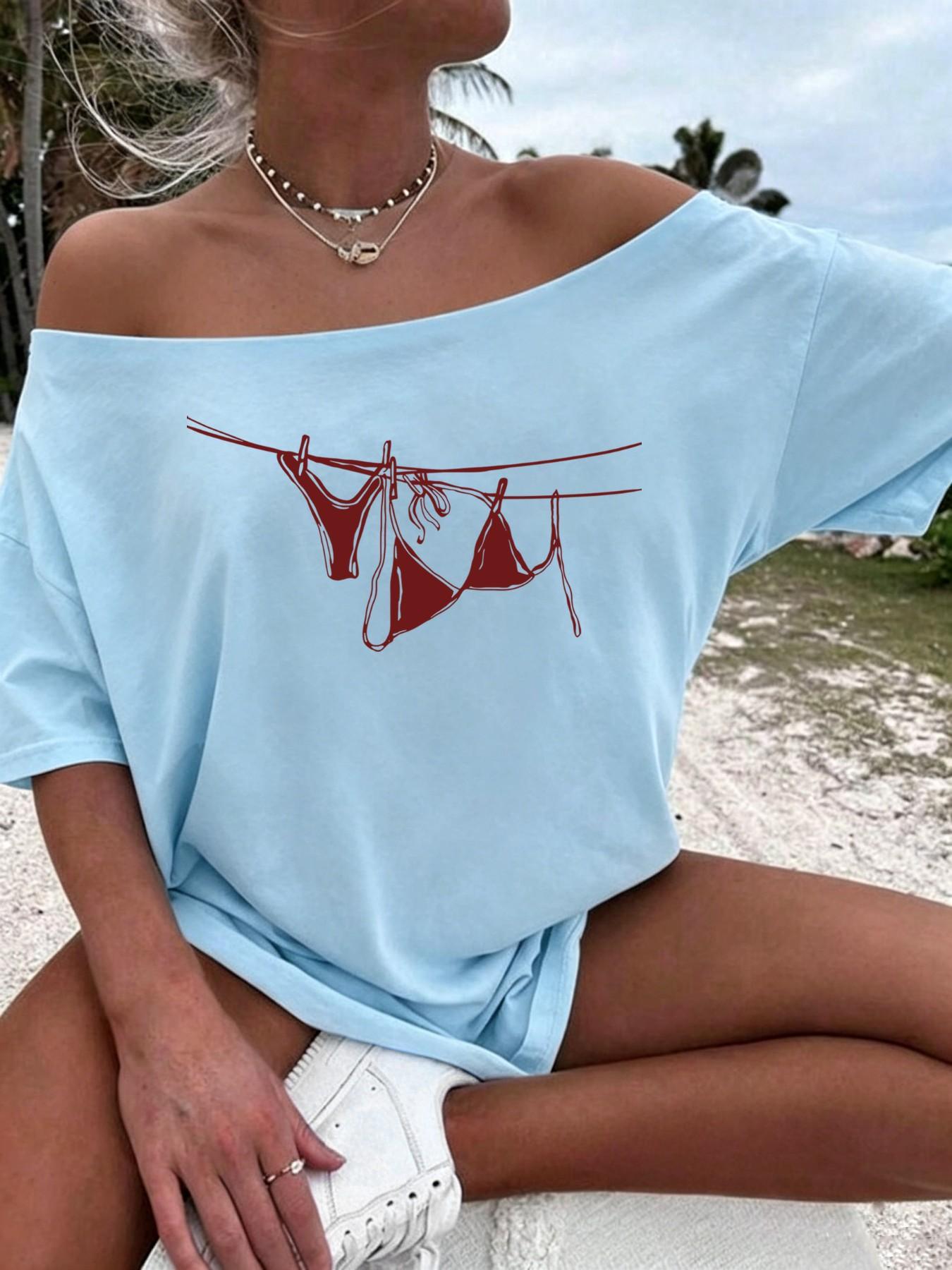 Women's Oceanic Turtle Print Off-Shoulder Loose Summer T-Shirt, Casual Fashion Loose, Casual Short Sleeve Bohemian Beach Top, Boho Casual Wear