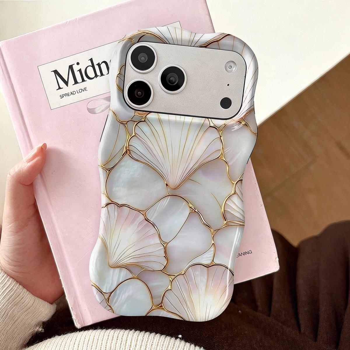 Shockproof Protective Smartphone Case for 6.1-6.7" Phones, Dual PC+TPU Blend with 2D Pearl Shell Ginkgo Leaf Golden Line Print, Marble Design, Camera Cover, Wavy Curved Raised Edges, Glossy Finish, Non-Slip, Easy Installation, Aesthetic Boost
