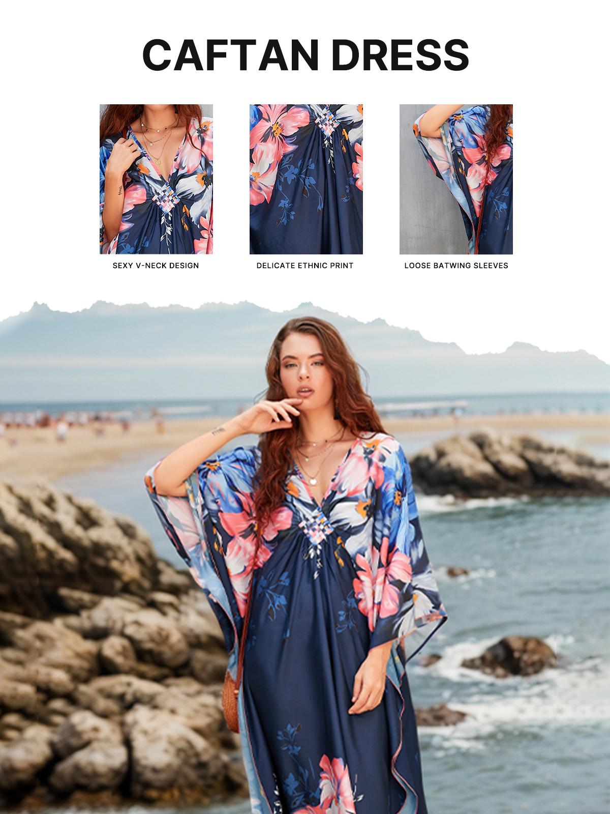 Bsubseach Women Ethnic Print Kaftan  Dress Plus Size Swimsuit Cover Up,Mrs. Roper Kaftan ，Swimsuit，bubu，mumu，Casual Womenswear Boho Caftan Baggy