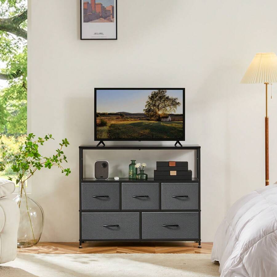 5 Fabric Drawers TV Stand Entertainment Center, Steel Frame with Open Shelf, Wood Top, Perfect for Bedroom/Entryway TV Storage & Organizing