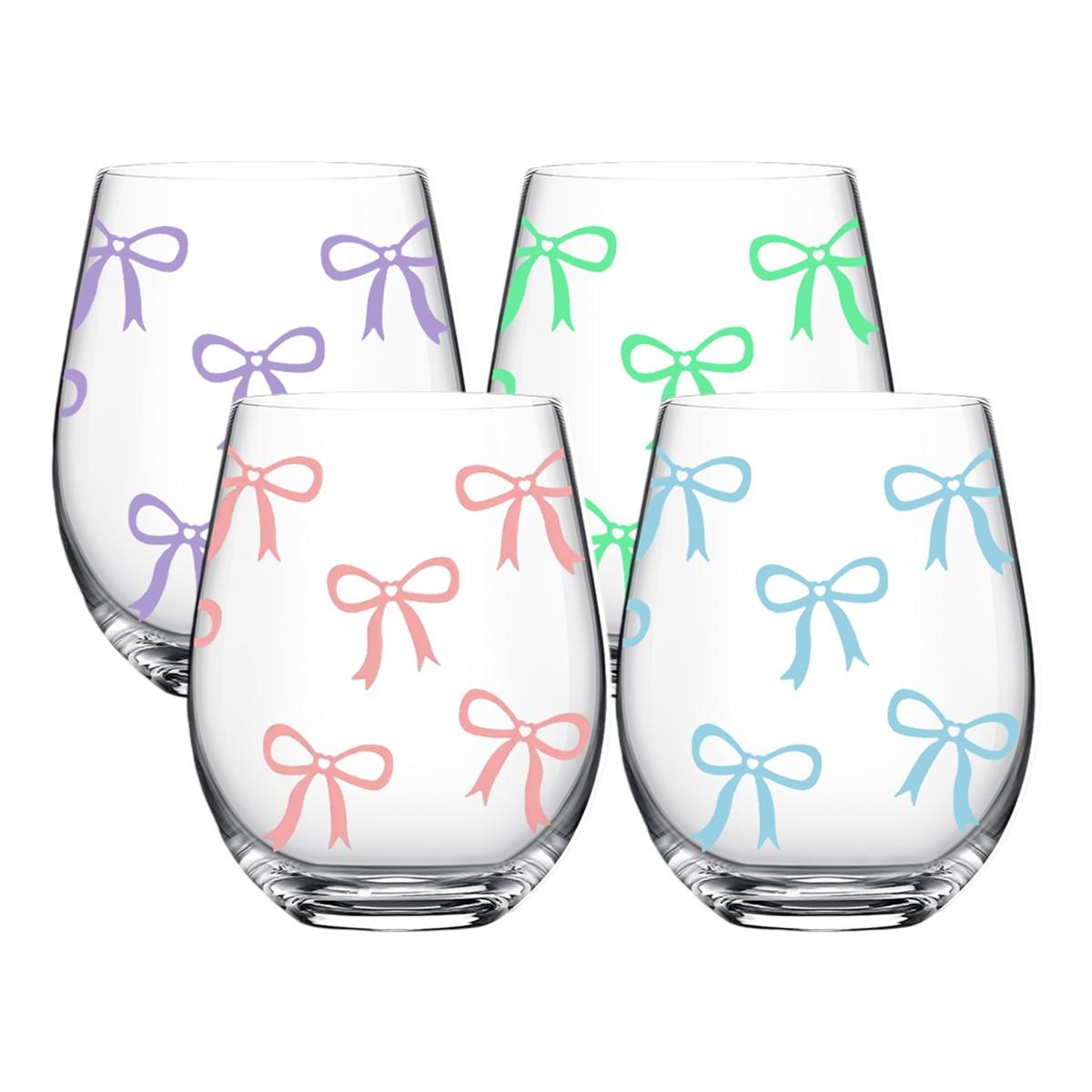 Bow Pattern Stemless Wine Glasses Set, No Stem Wine Glasses, 1/4-Pack, 18oz/540ML Transparent Wine Cups, Ideal for Restaurants & Daily Use