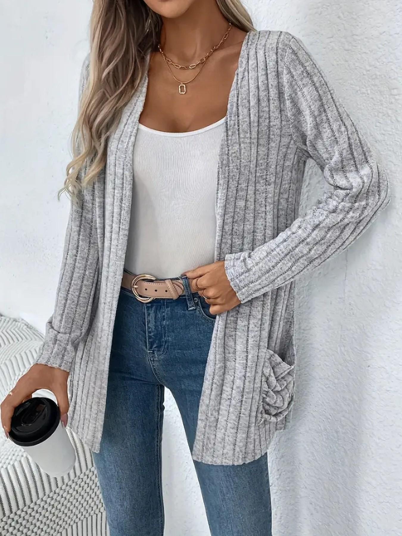Women's Long Sleeve Loose Knit Cardigan with Pockets, Comfortable Front Open Coat, Casual Wear, Perfect for Everyday, Knitwear effortless breezy figure flattering all day comfort