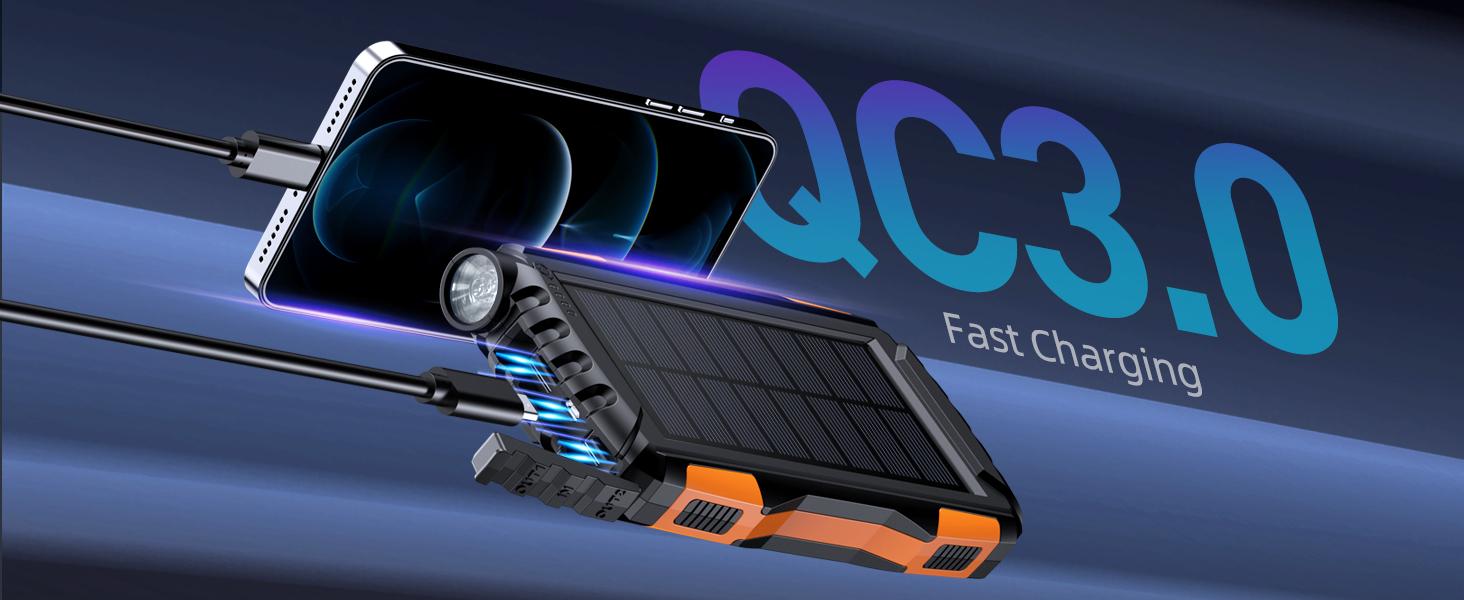 Power-Bank-Solar-Charger 42800mAh Portable Charger External Battery Pack 5V3.1A QC 3.0 Fast Charger with Super Bright Flashlight IP67 Waterproof - Phone