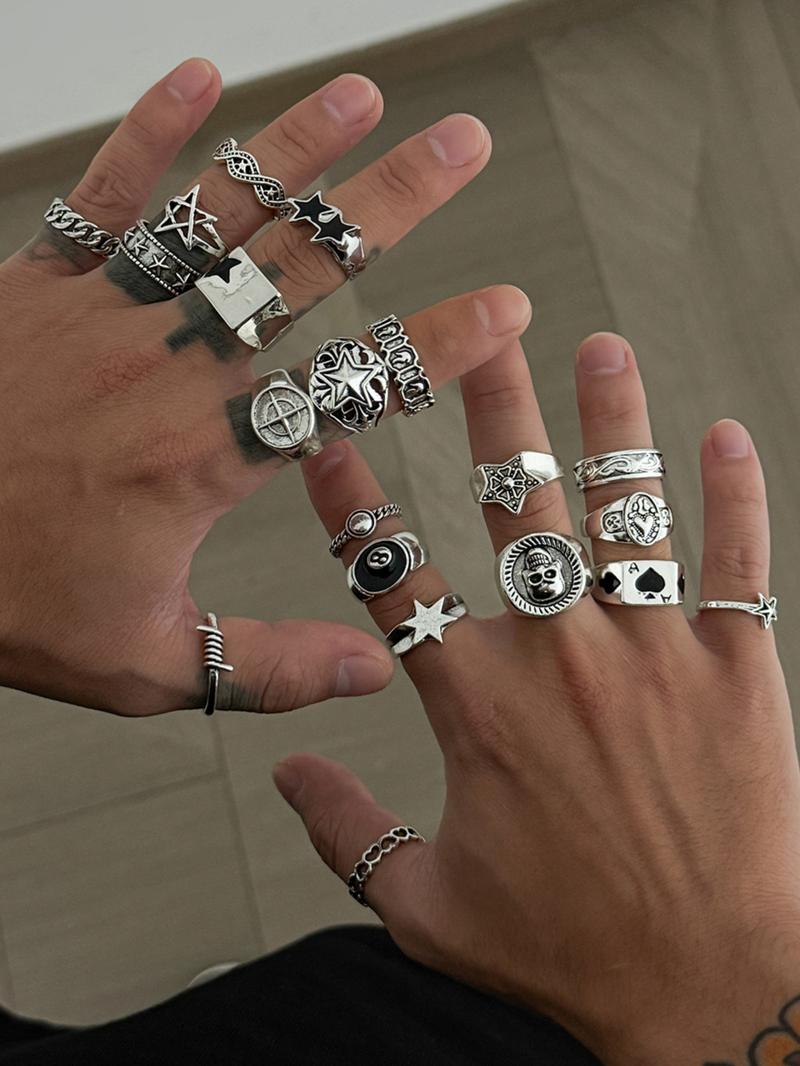 20 Piece Vintage Star Skull Stacking Ring Set, Dark Punk Joint, Holiday Gift, Street Style Charm Accessories, All Seasons