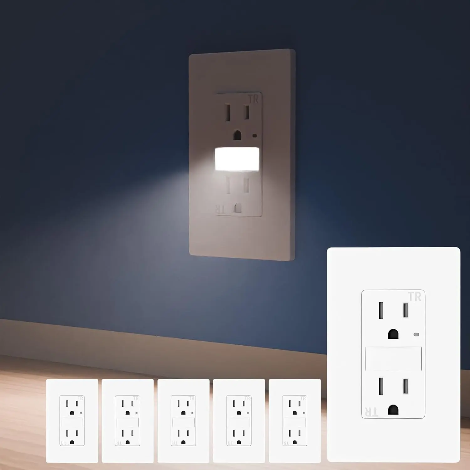 15AMP Outlet with Nightlight, , Standard Electrical Outlets with Nightlight, 6000K Cool White LED, Tamper Resistant Outlet, ETL Listed, Screwless Wall Plate Included, 6 Pack