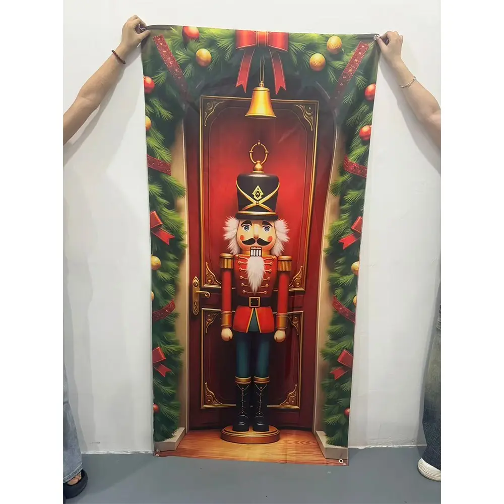 2D Flat 1pc Nutcracker Soldier Door Cover Banner, 3D Visual Red Gold Nutcracker Pine Wreath Bell Bauble Print Christmas Decorations, Festive Holiday Decor for Front Door, Winter Decor for Home Xmas Party Backdrop