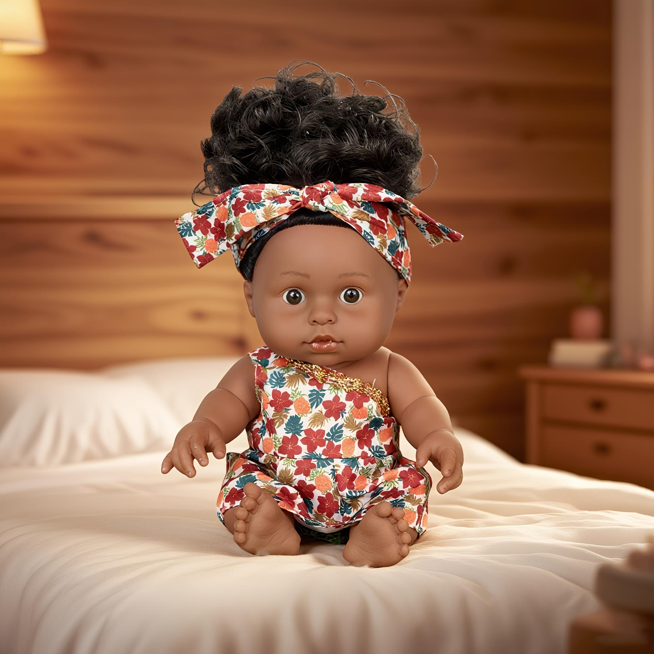 Baby Doll, 12 inch American African Girl Doll with Dress, Realistic Reborn for Kids Aged 2 3 4 5 6, Silicone Small Toy Curly Hair Birthday Gift,