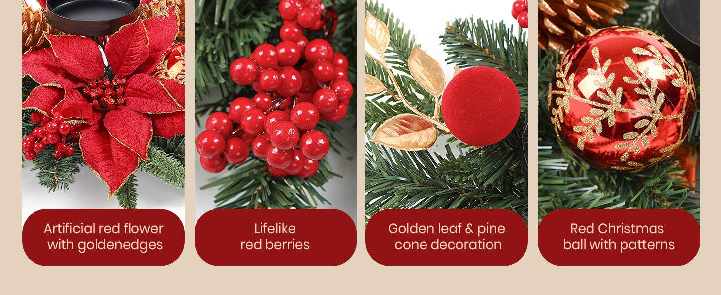 36 Inch Christmas Table Centerpiece with 3 Candle Holders, Baubles, Pine Cones, Red Berries & Spruce Branches – Indoor Holiday Decor