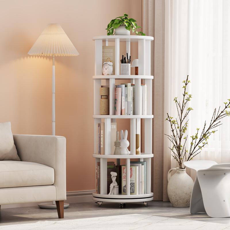 【School】100% Solid Wood - No MDF, Rotating Bookshelf on Wheels, Spinning Bookshelf Tower 360° Display Unique Round Bookcase for Home Study and Office Organization Furniture Stand