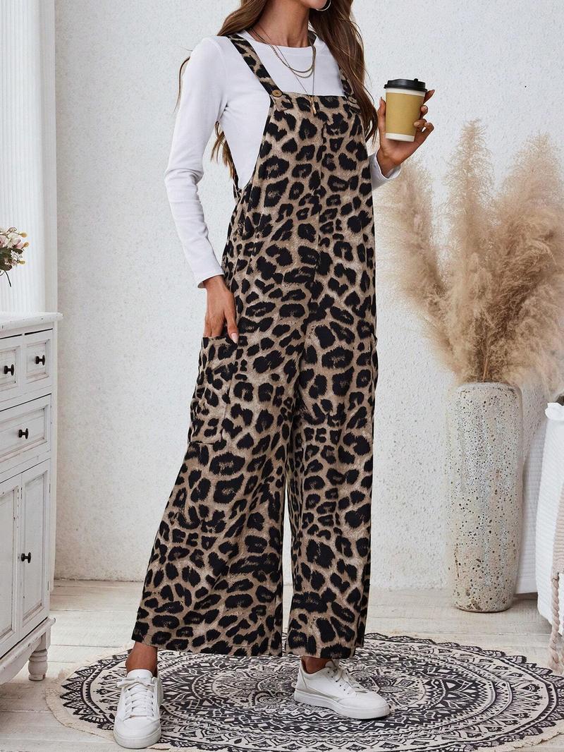 Valentine's Day Women's Casual Leopard Print Loose Jumpsuit, Woven Fabric, Moderate Thickness, All Seasons Wear, Fitted Style, Pocket Design
