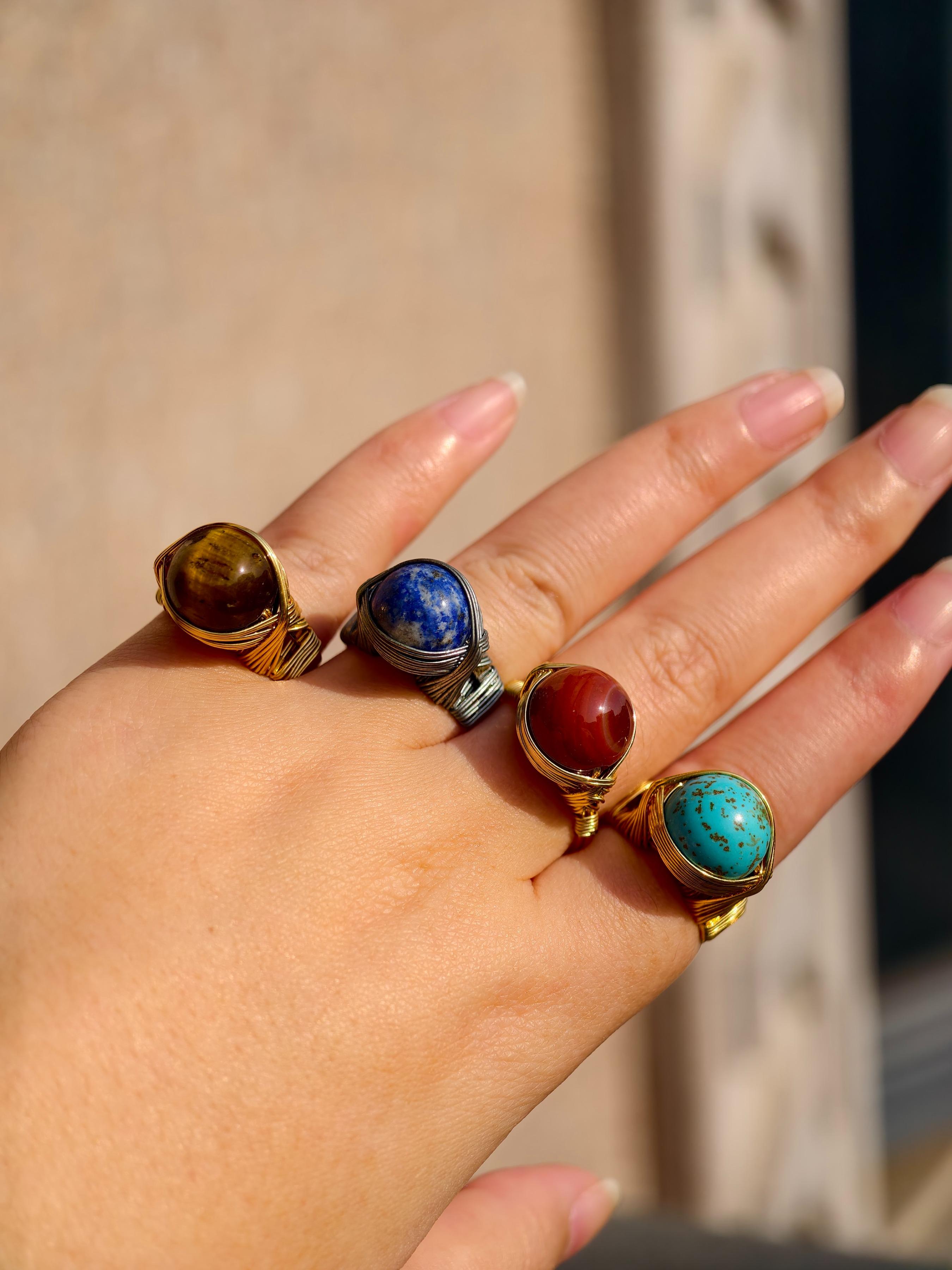 Handcrafted Wire Wrapped Natural Gemstone Rings Set, Retro Boho Luxe Design Featuring Tiger Eye Lapis Agate Turquoise, Ideal for Everyday & Holiday