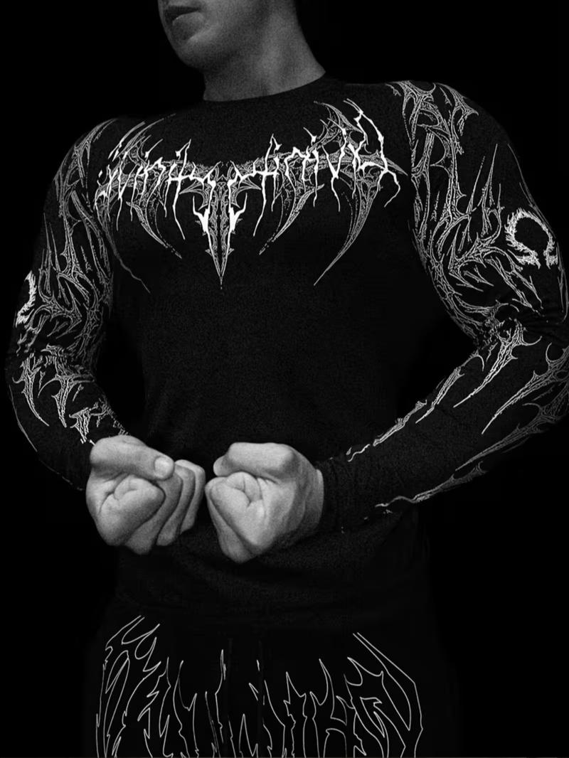 Men's Professional Sports Quick-Dry Fitness Shirt, Gothic Print Long Sleeve, High Elasticity, Round Neck, Moisture-Wicking, Running, Training, Daily Wear, Athletic Top Men's Professional Sports Quick-Dry Fitness Shirt, Gothic Print Long Sleeve, High Elasticity, Round Neck, Moisture-Wicking, Running, Training, Daily Wear, Athletic Top