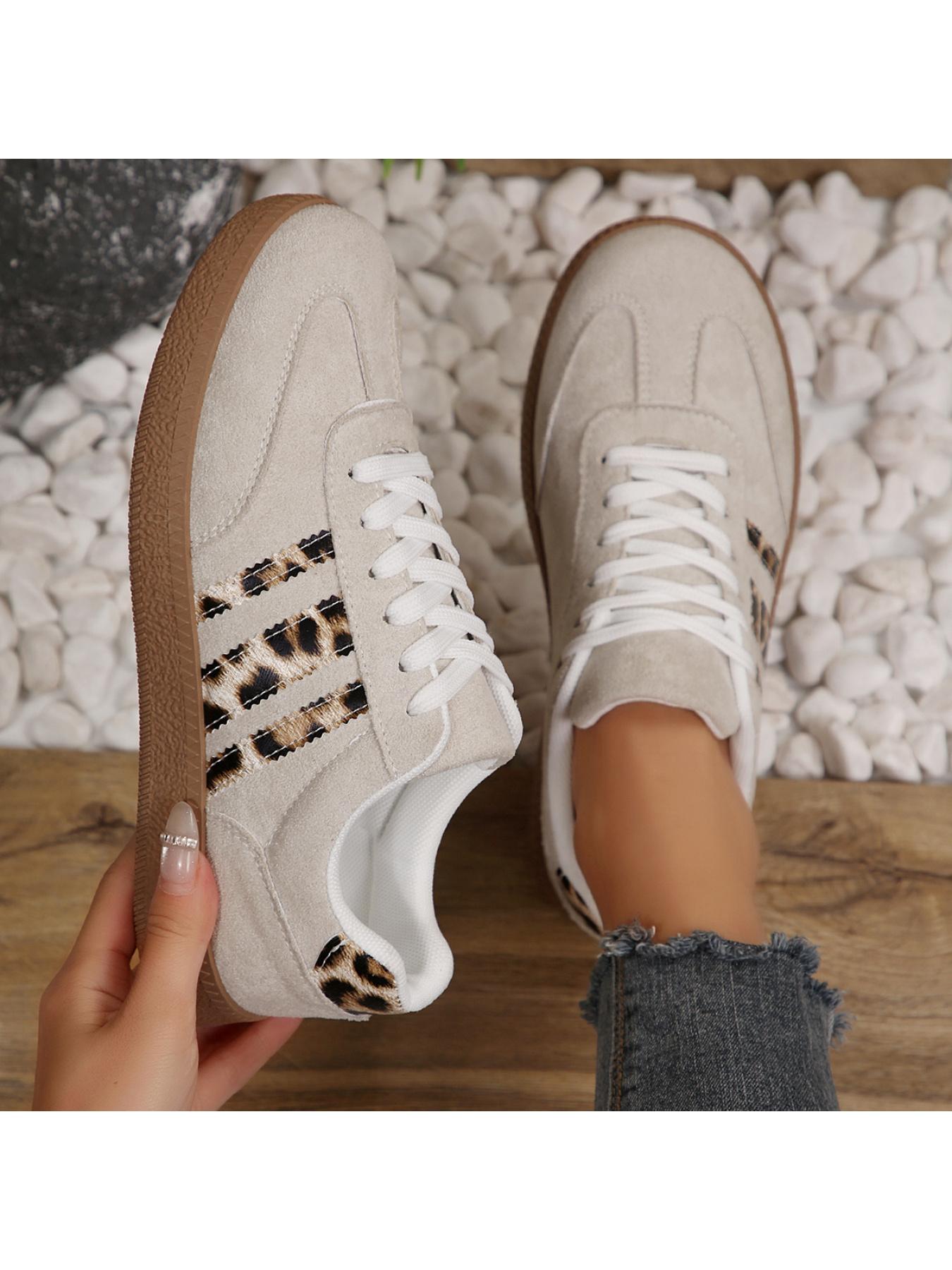 Women's 2.5cm Platform Leopard Print Sneakers, Black/Beige, Retro 3-Stripe Casual Shoes