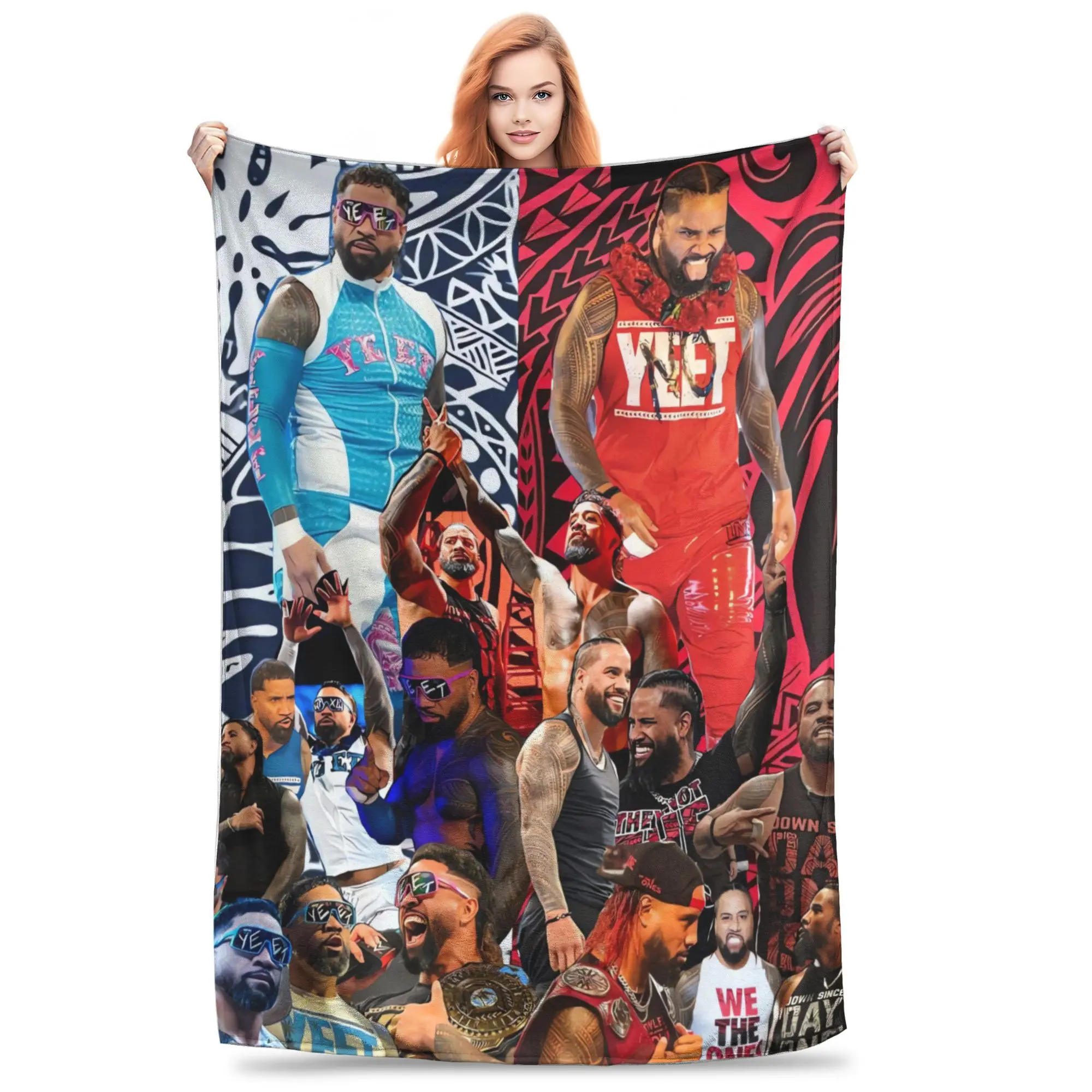 WWE The Usos Collage Flannel Blanket Red‑Blue Tribal Pattern Wrestling Superstar Print Throw Blanket