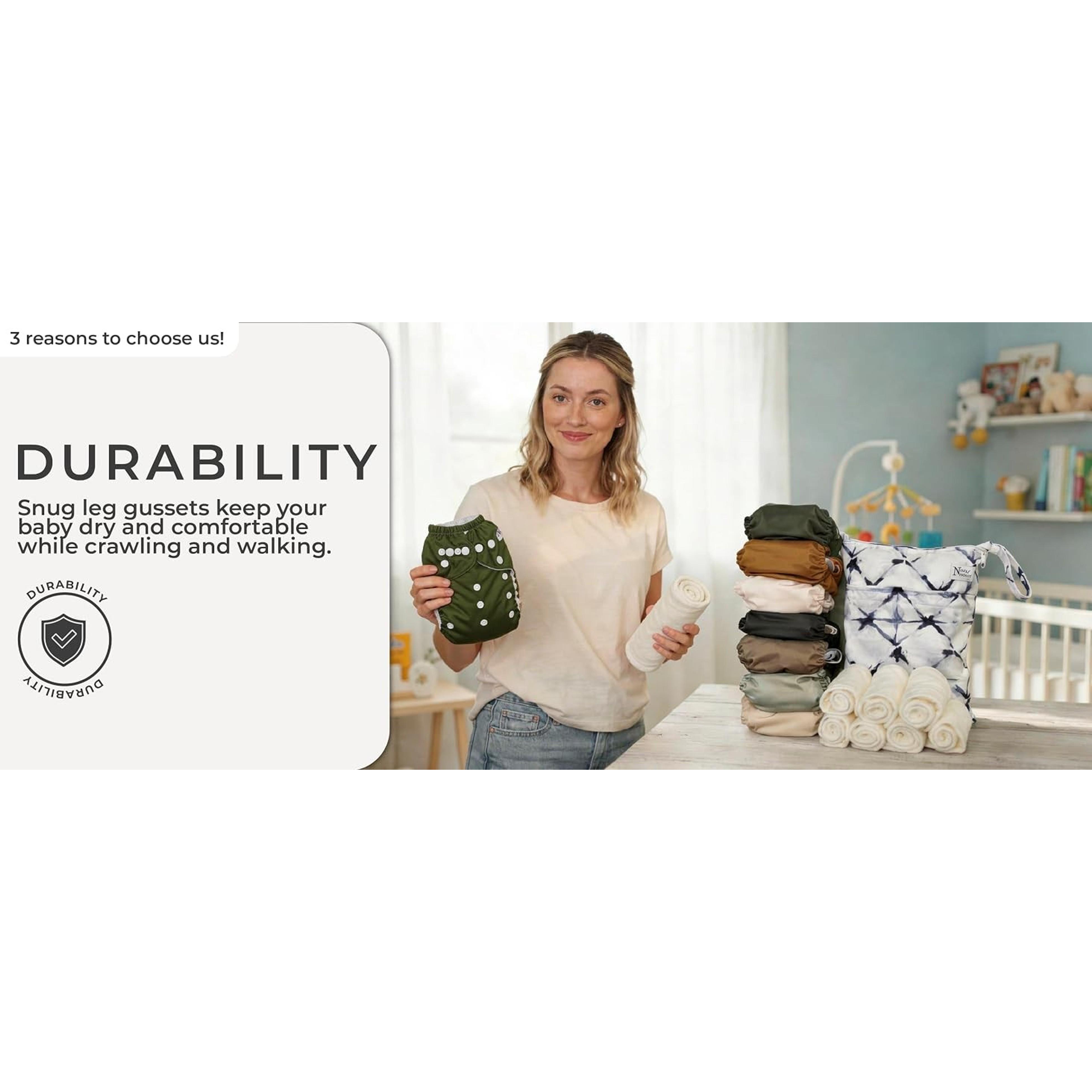 Delilah 7-Piece Reusable Cloth Diaper Set - 7 Inserts, 1 Waterproof Wet Bag, Adjustable One Size Pocket Cover, Washable for Newborns, Seven Pieces