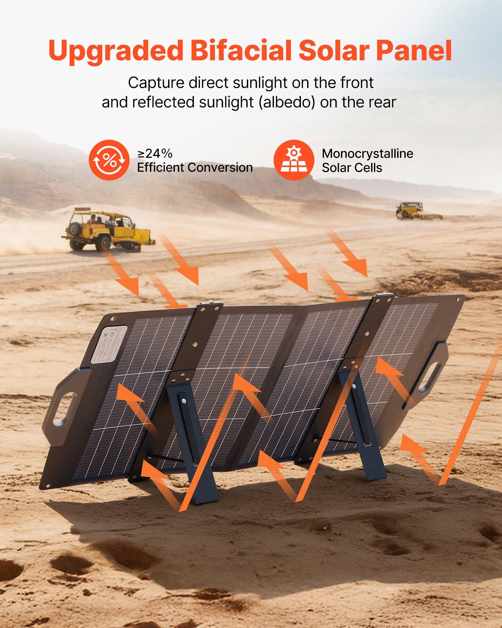 VEVOR 100W Bifacial Solar Panel, 16BB N-Type Foldable Monocrystalline Solar Panel Charger 24 Efficiency, Portable with MC4 Output, USB-A (QC3.0), Type-C DC Ports for Power Stations Camping Hiking