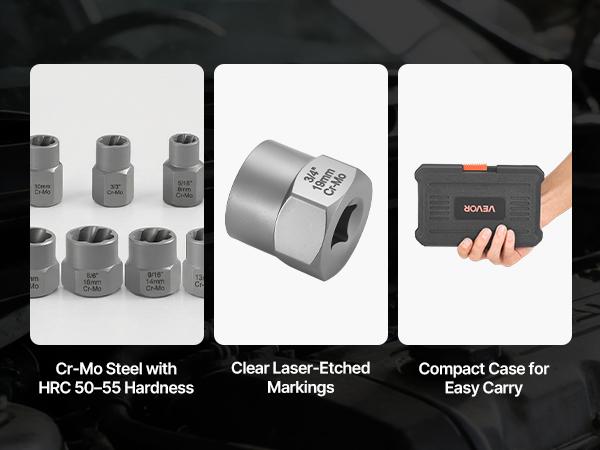 VEVOR Bolt Extractor Kit, 16 Pieces Impact Bolt Nut Remover Set with Adapters and Pin Punch, Solid Storage Case, Cr-Mo Steel for Removing Damaged, Rusted, Stripped, Rounded Bolts, Nuts and Screws