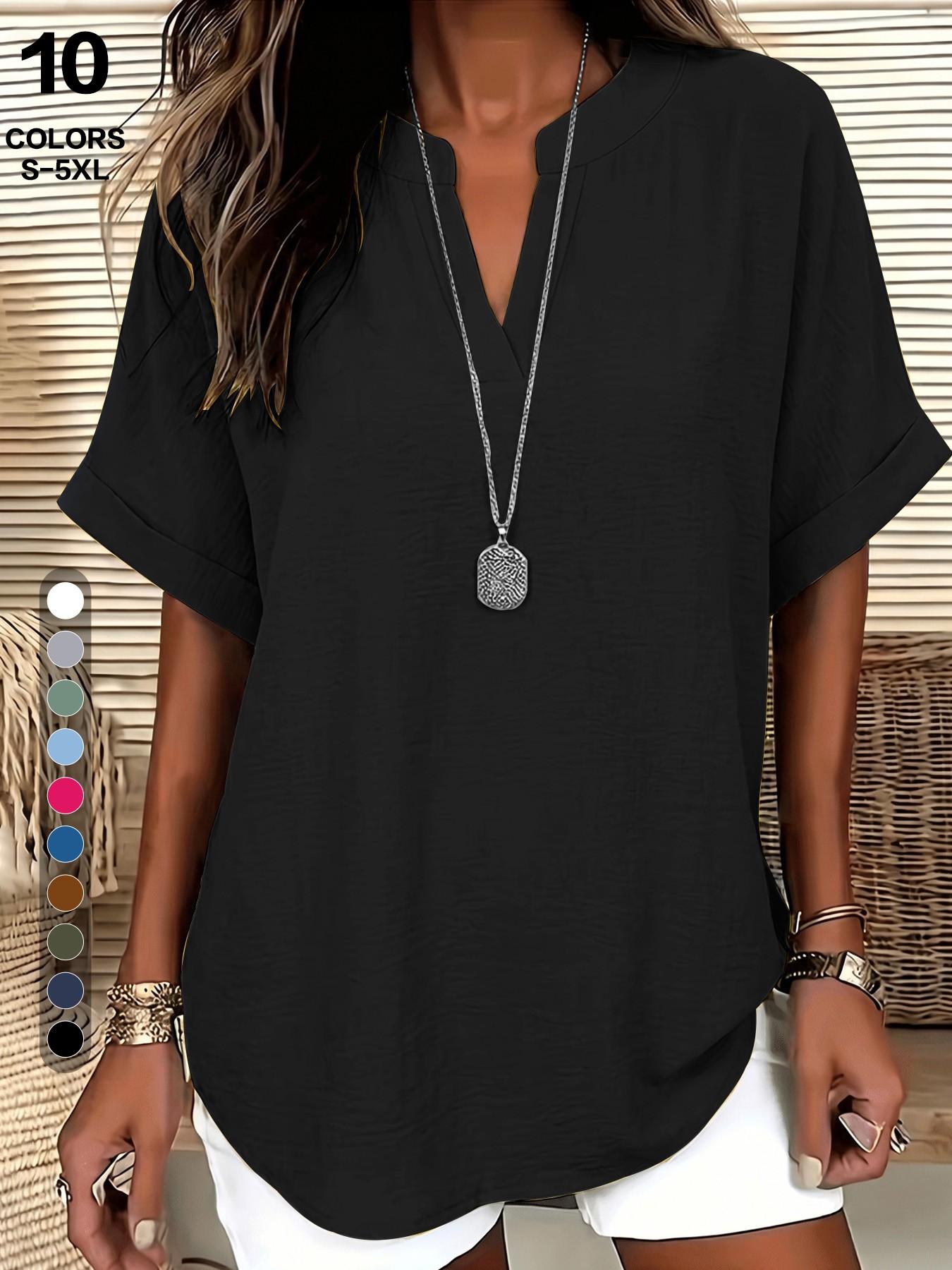 2026 European Style V Neck Short Sleeve Shirt, Casual Fitted T-Shirt, Summer Loose Fit, Hides Belly, Tall Look, Versatile Top