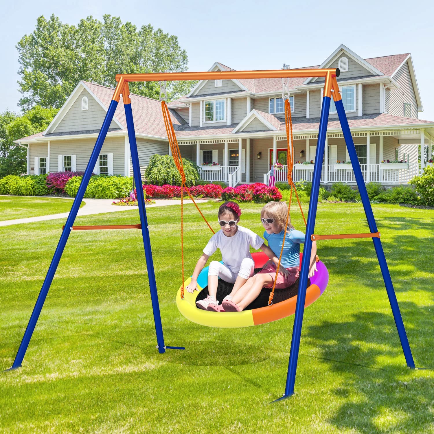 Aowos Swing Set for Kids, Saucer Swing with Heavy-Duty Metal Frame and Adjustable Ropes for Kids Outdoor, Safe Waterproof Round Swing for Backyard Playground Park, Playground for Kids, Rainbow Color, Birthday Gift, Columpio para niños, Christmas Gift Aowos Swing Set for Kids, Saucer Swing with Heavy-Duty Metal Frame and Adjustable Ropes for Kids Outdoor, Safe Waterproof Round Swing for Backyard Playground Park, Playground for Kids, Rainbow Color, Birthday Gift, Columpio para niños, Christmas Gift