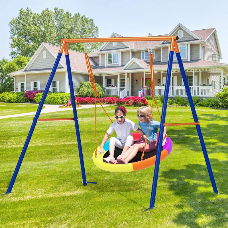 Aowos Swing Set for Kids, Saucer Swing with Heavy-Duty Metal Frame and Adjustable Ropes for Kids Outdoor, Safe Waterproof Round Swing for Backyard Playground Park, Playground for Kids, Rainbow Color, Birthday Gift, Columpio para niños, Christmas Gift