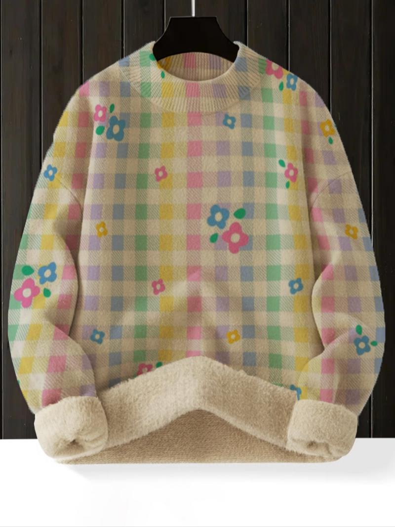 Women's Multicolor Plaid Floral Print Stand Collar Sweater, Fall Winter Casual Long Sleeve Knitwear, Comfortable Warm Daily Wear