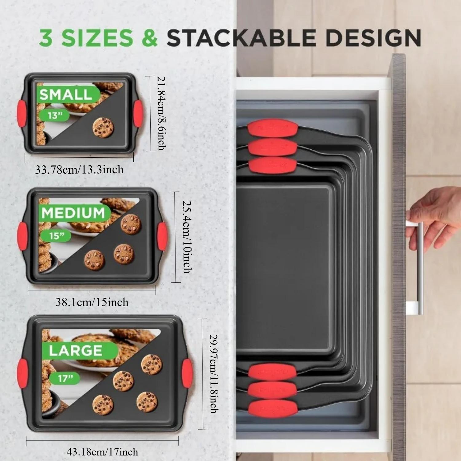 Non-stick Kitchen Oven Baking Pan, 3 Counts/set Rectangular Baking Cake Pan with Handle, Commercial Grade Restaurant Quality Baking Tray, Black