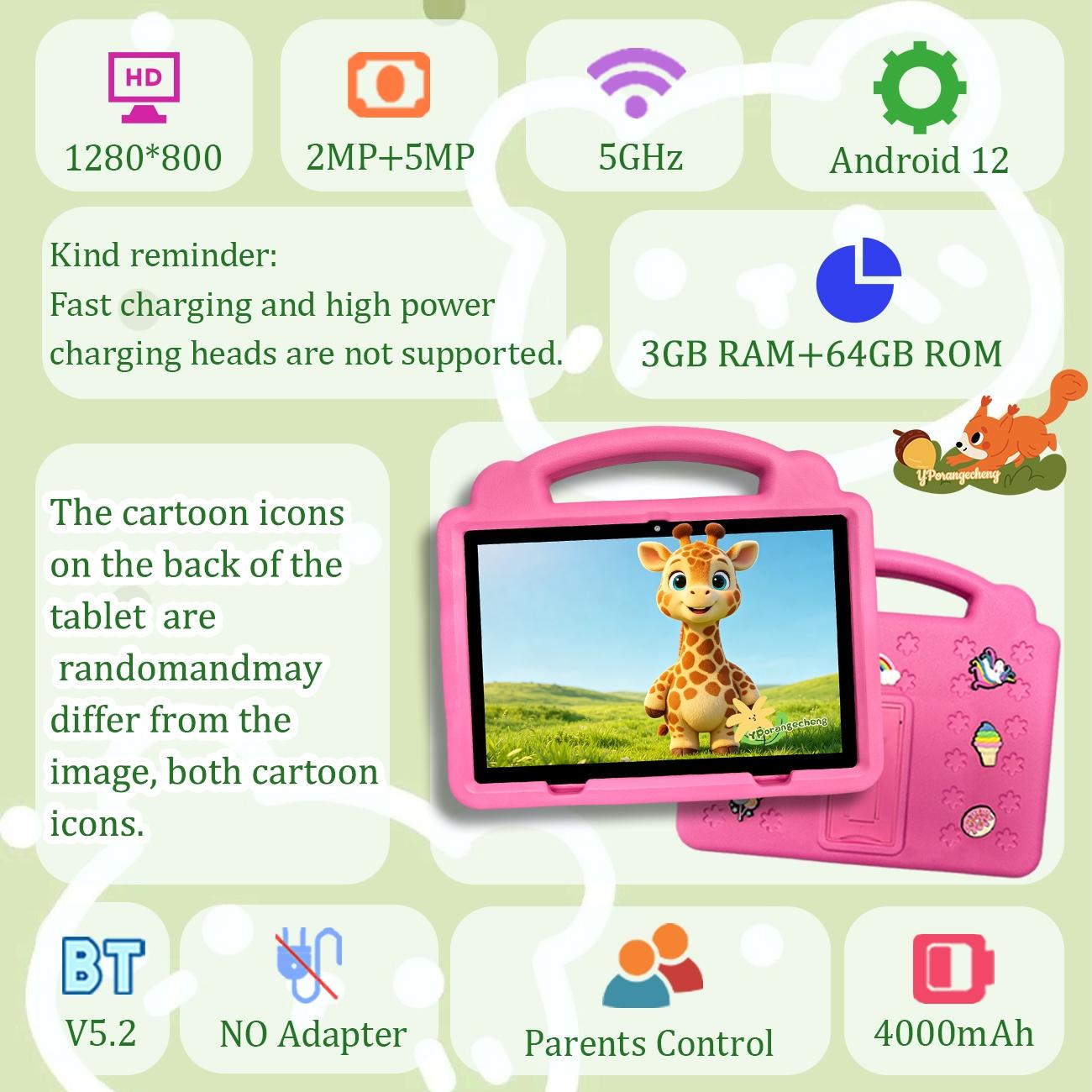 Summer New 10.1" Kids Student Tablet Set, 5G+WiFi, HD Screen, Dual Cameras & Shockproof Case, Multi-use for Office, Study, Education & Entertainment, Unisex Ideal Gift for Easter, Halloween, Christmas & Birthday, Blue/Pink/Orange/Green,No Adapter