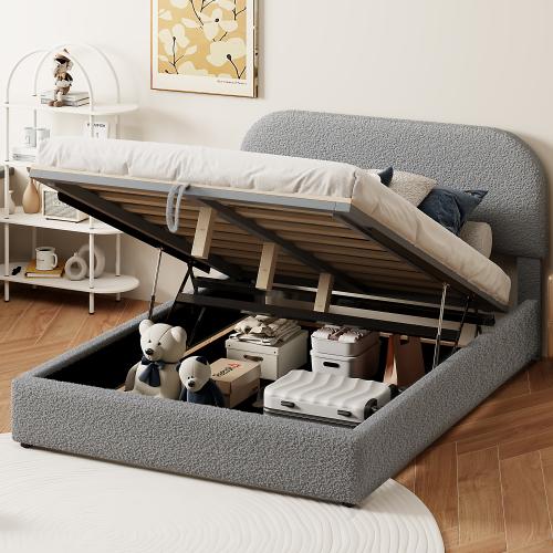 [Bellemave]Full/Queen Teddy Fleece  Size Upholstered Platform Bed with Hydraulic Storage System