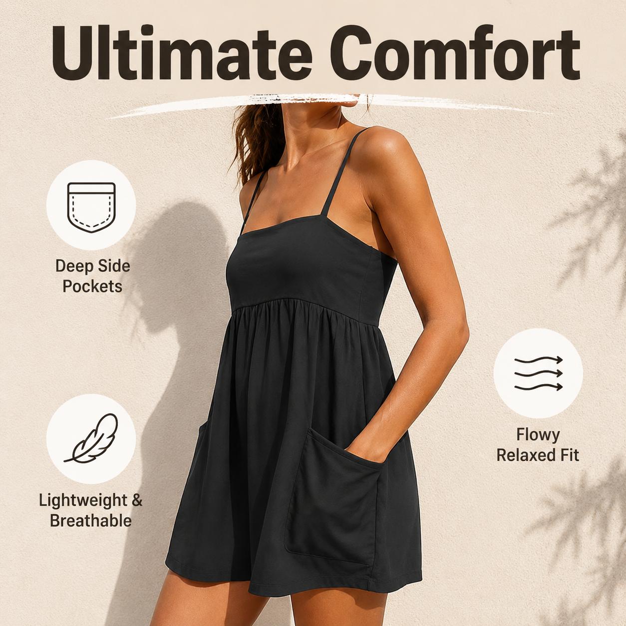 Y2K Casual Oversized Romper with Pockets | Premium Cotton Spaghetti Strap Jumpsuit | Women's Backless Athletic One-Piece for Summer Beach Vacation