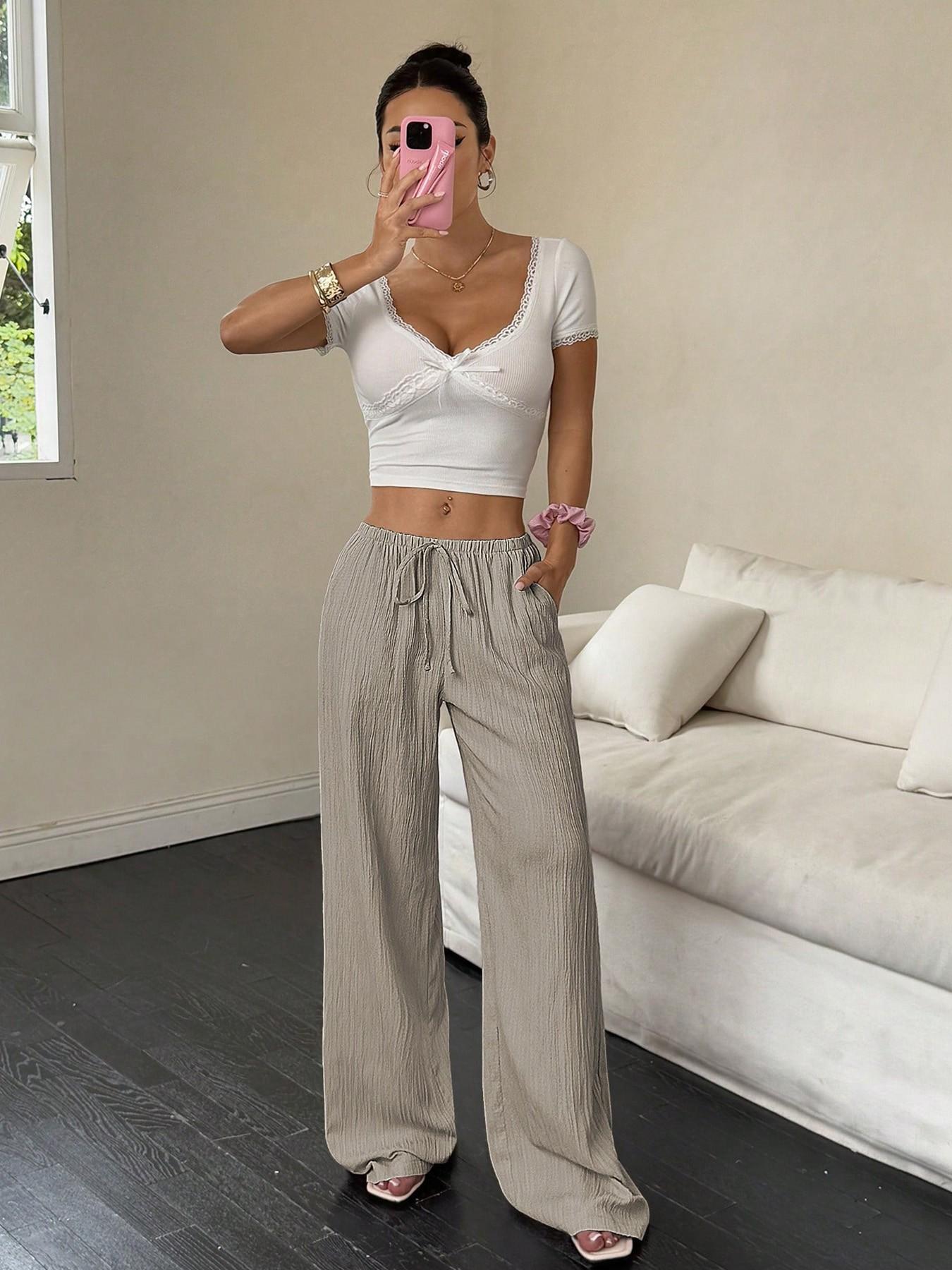 Women Casual Crinkle Fabric Loungewear Wide Leg Baggy Oversized Pants, High Waist Drawstring Loose Fit, Side Pockets, Breathable Soft, 8 Colors, XS-Xl