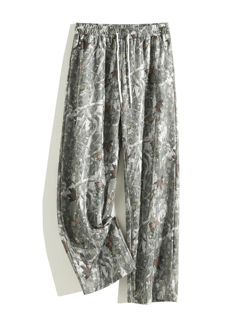 Women's Camo Wide Leg Pants with Pockets, Loose-Fit Drawstring Waist, Casual Fashion for Spring Summer Fall, Adult Clothing