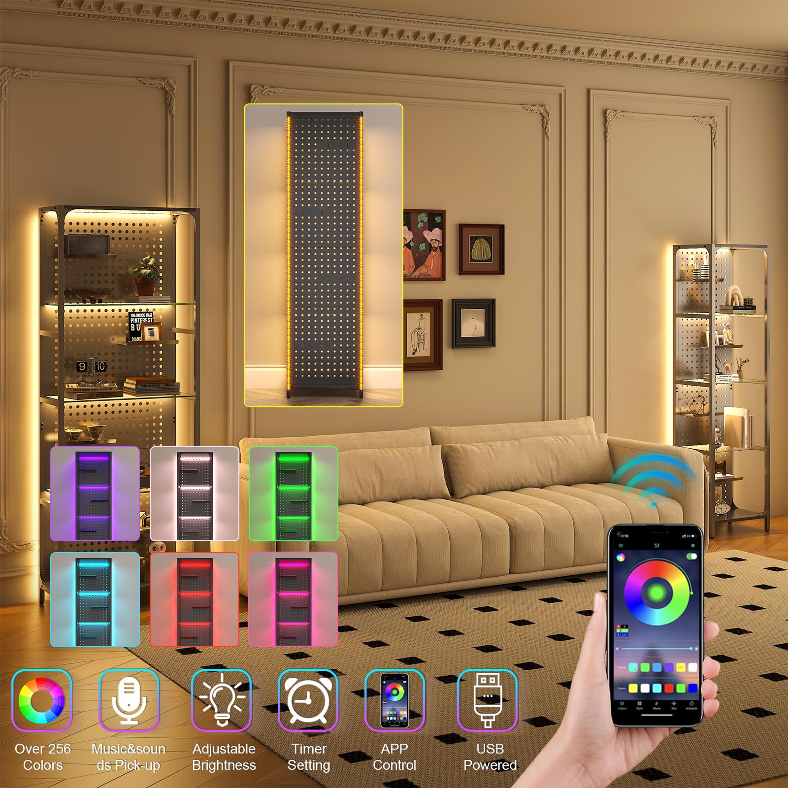 Glass Display Shelf for Collectibles, LED Black Shelf, Curio Cabinet, Lighted Tall Narrow Shelf with Pegboard Steel Frame for Gaming Room, Floor Lamp with Shelves, Living Room, Bedroom, Small | for Collectibles, LED, Lighted, for Gaming Room, Living Room